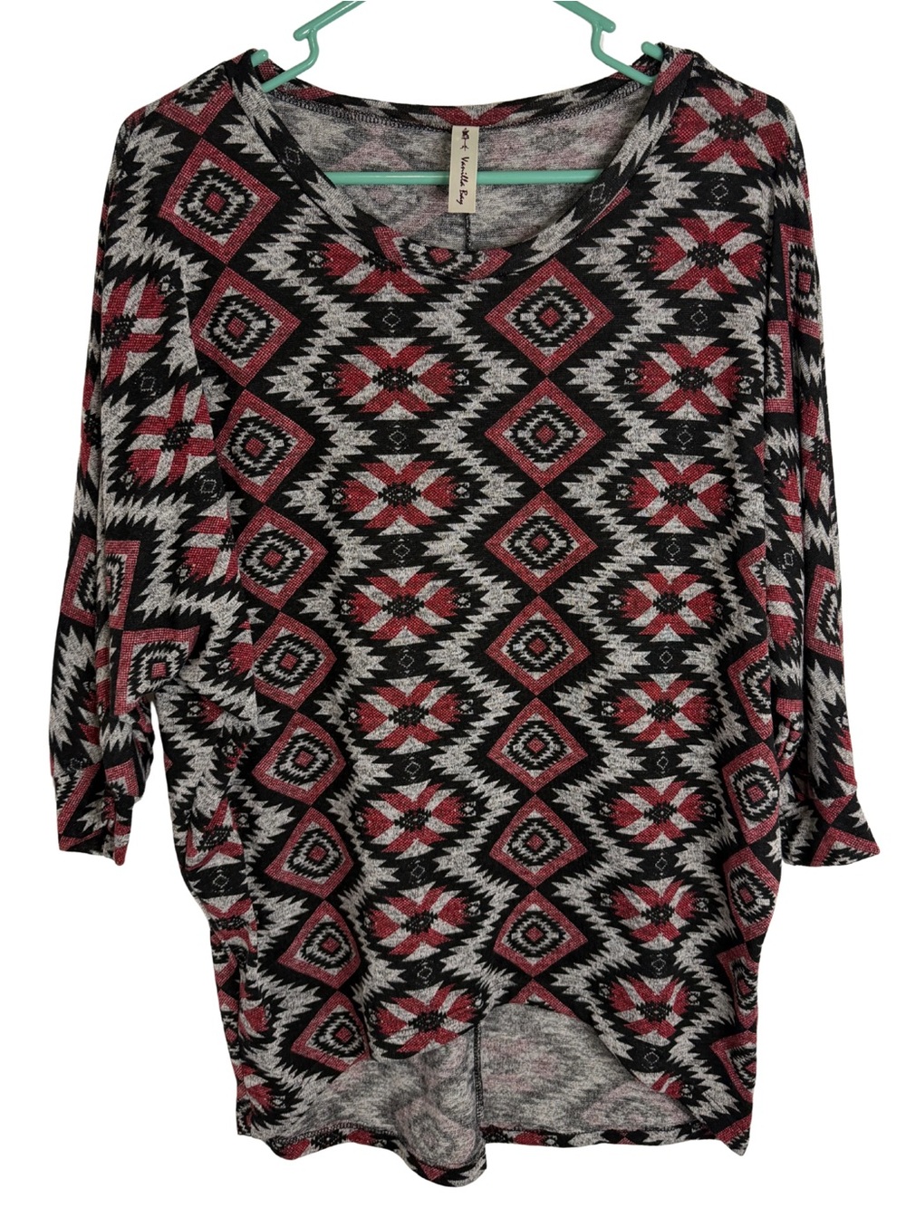 3/$20 Vanilla Bay Black, Red & Gray Aztec Dolman Tunic Size Medium